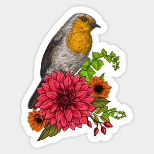 Robin on bouquet of flowers Sticker